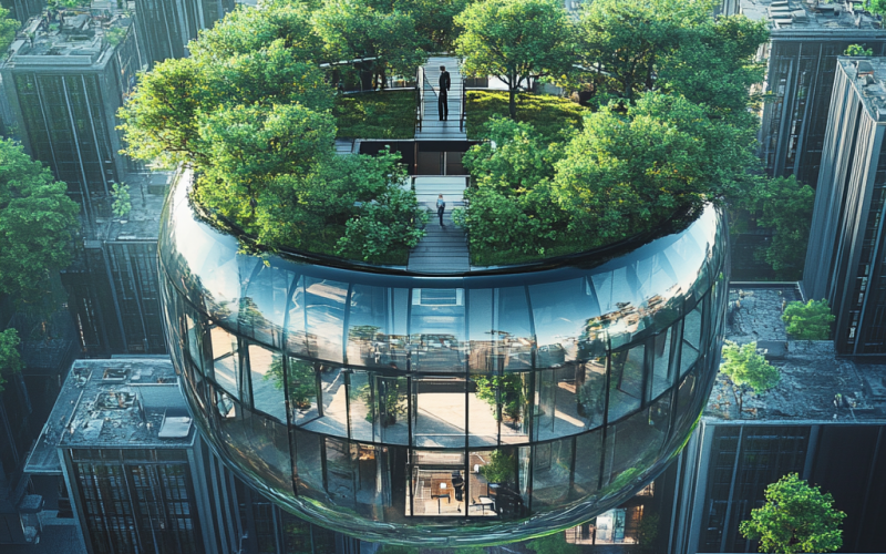 Futuristisches, rundes Konferenzgebäude mit begrüntem Dach schwebt über der Stadt – Symbolbild für nachhaltige Architektur und grüne Tagungsformate